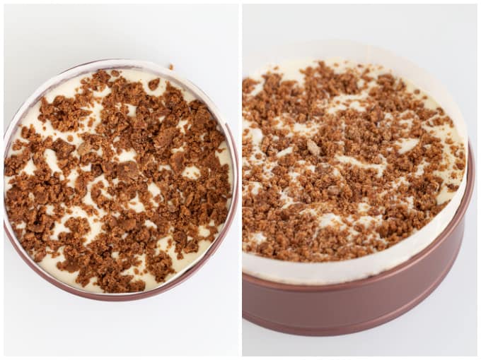 Two pictures of a cinnamon roll cheesecake in a maroon springform pan on a white counter