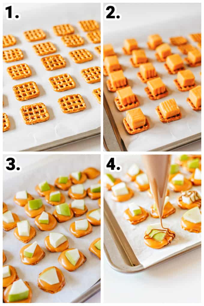 A series of photos showing how to make caramel apple bites.