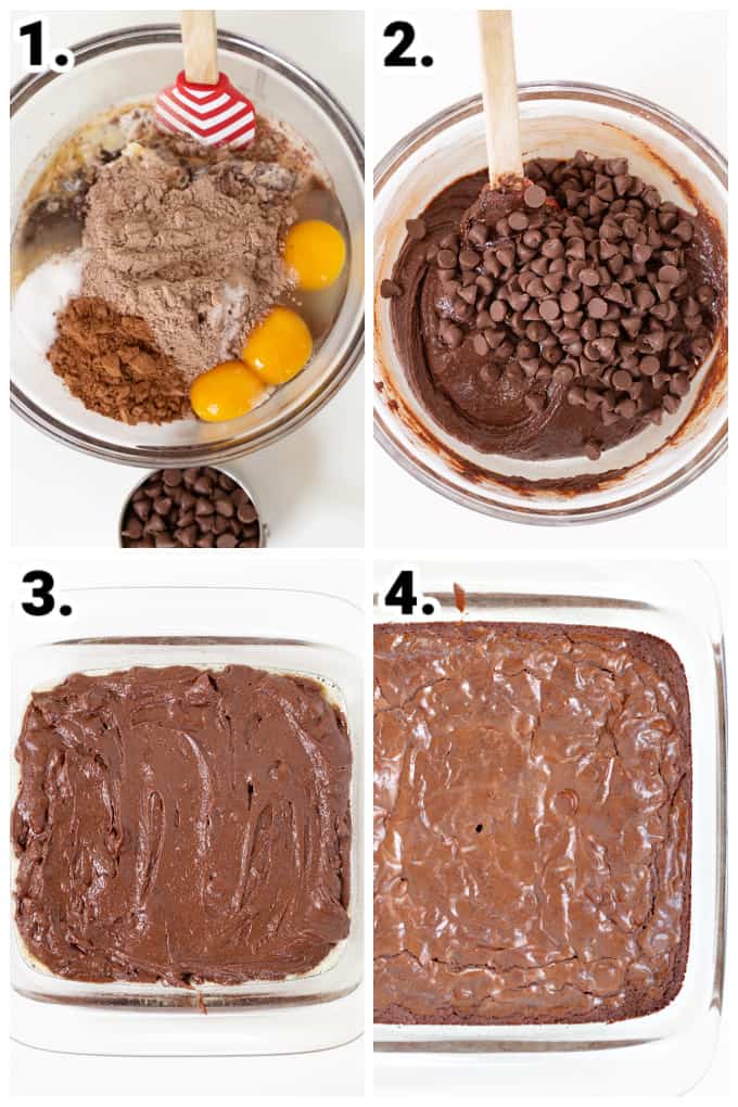 step-by-step photos-of-adding ingredients to a glass bowl and then into a glass pan to explain How to make box brownies better with a series of photos.