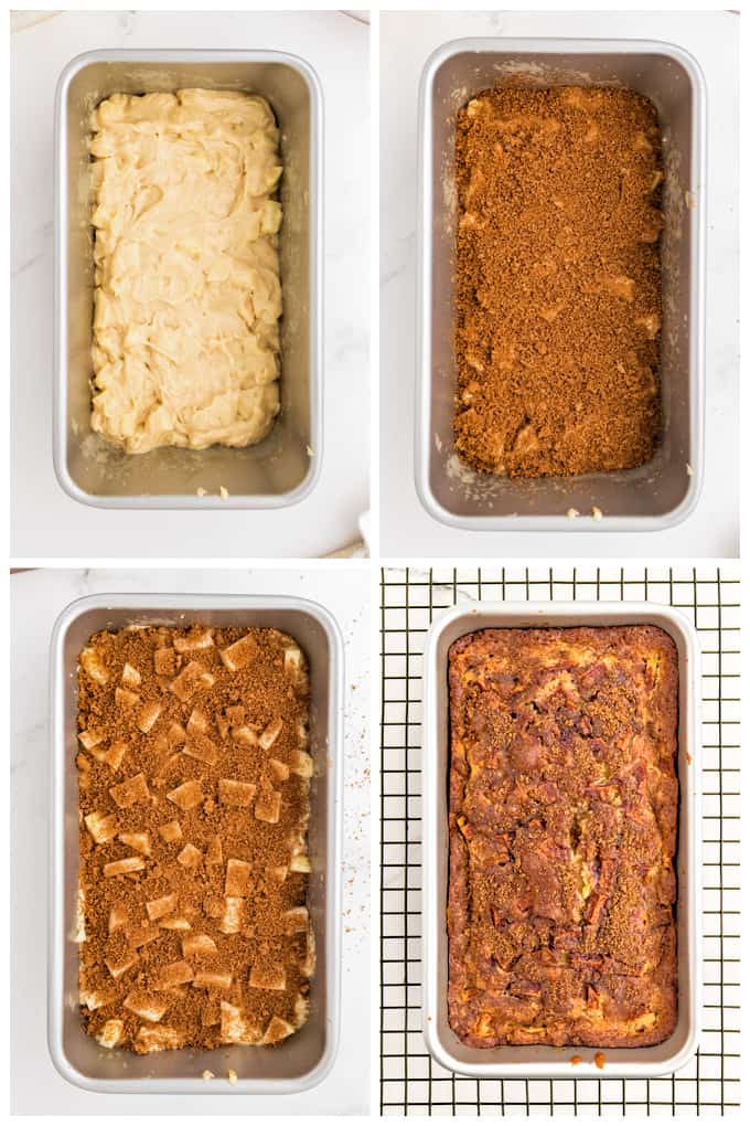 A series of photos showing how to make an apple cinnamon cake.