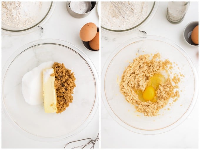 Two pictures showing the ingredients for an apple cinnamon bread recipe.