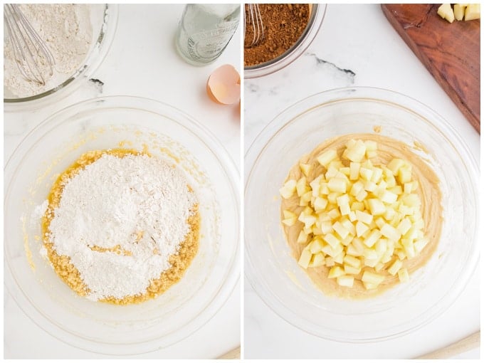 Two photos showing the ingredients for apple cinnamon bread.