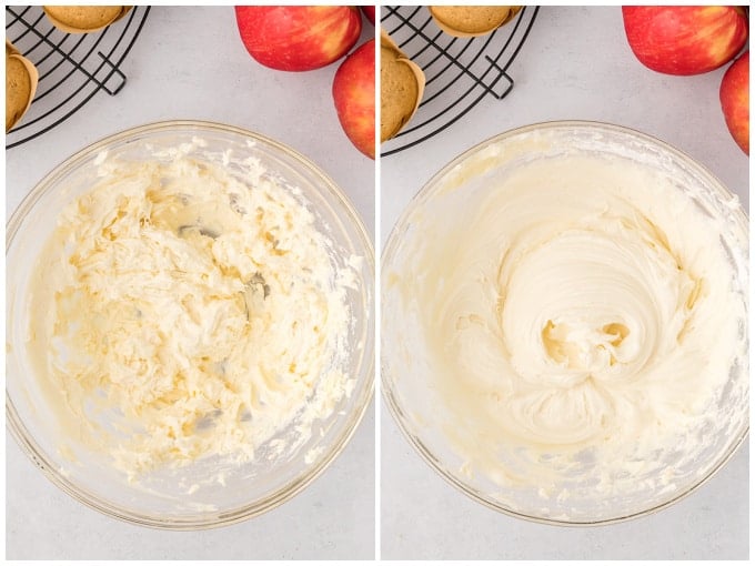 Two photos showing the process of making cream cheese frosting in a glass bowl with apples and a wire rack