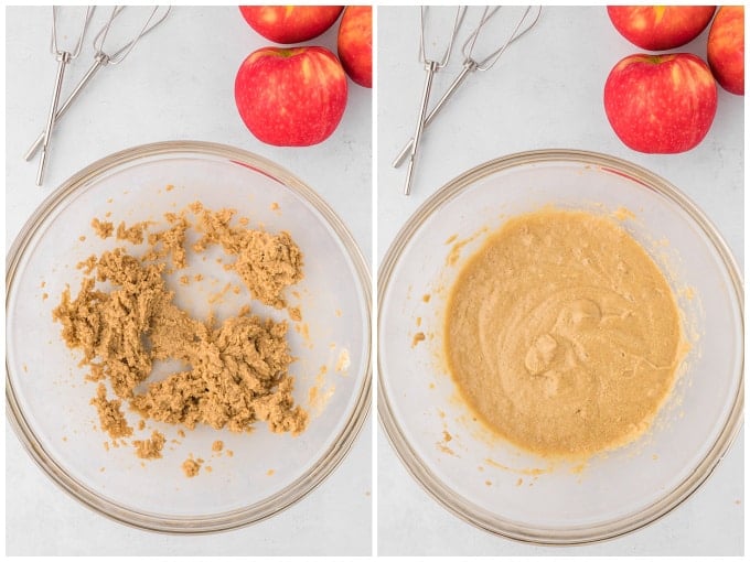 Two pictures of a glass bowl of ingredients with apples in it, perfect for apple cider cupcakes.
