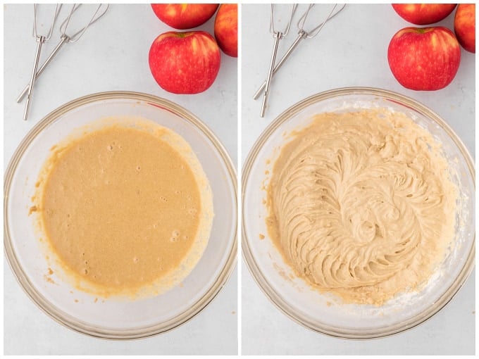 Two photos showing the process of making apple pie batter for apple cider cupcakes in a glass bowl