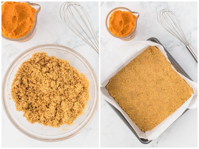 Two photos showing the process of making a pumpkin pie bars starting with the graham cracker crust on a white surface