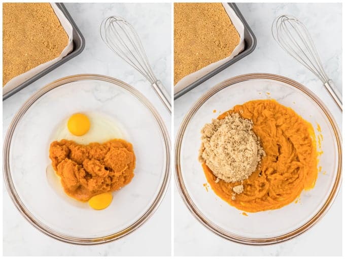 Two pictures showing the ingredients for Pumpkin Pie Bars being added to a glass bowl.