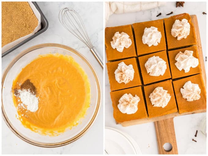Two pictures of Pumpkin Pie Bars.