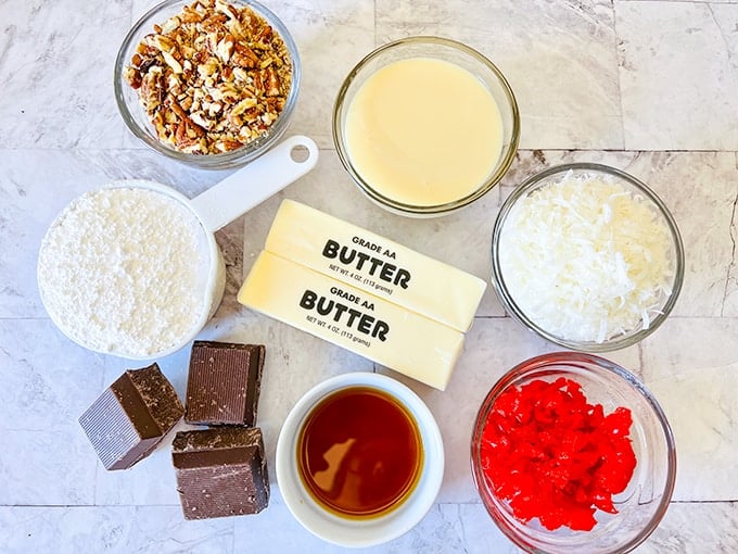 Ingredients for Martha Washington Candy on a marble background