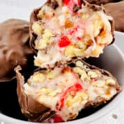 A bowl of Martha Washington Candy with a bite taken out of it.