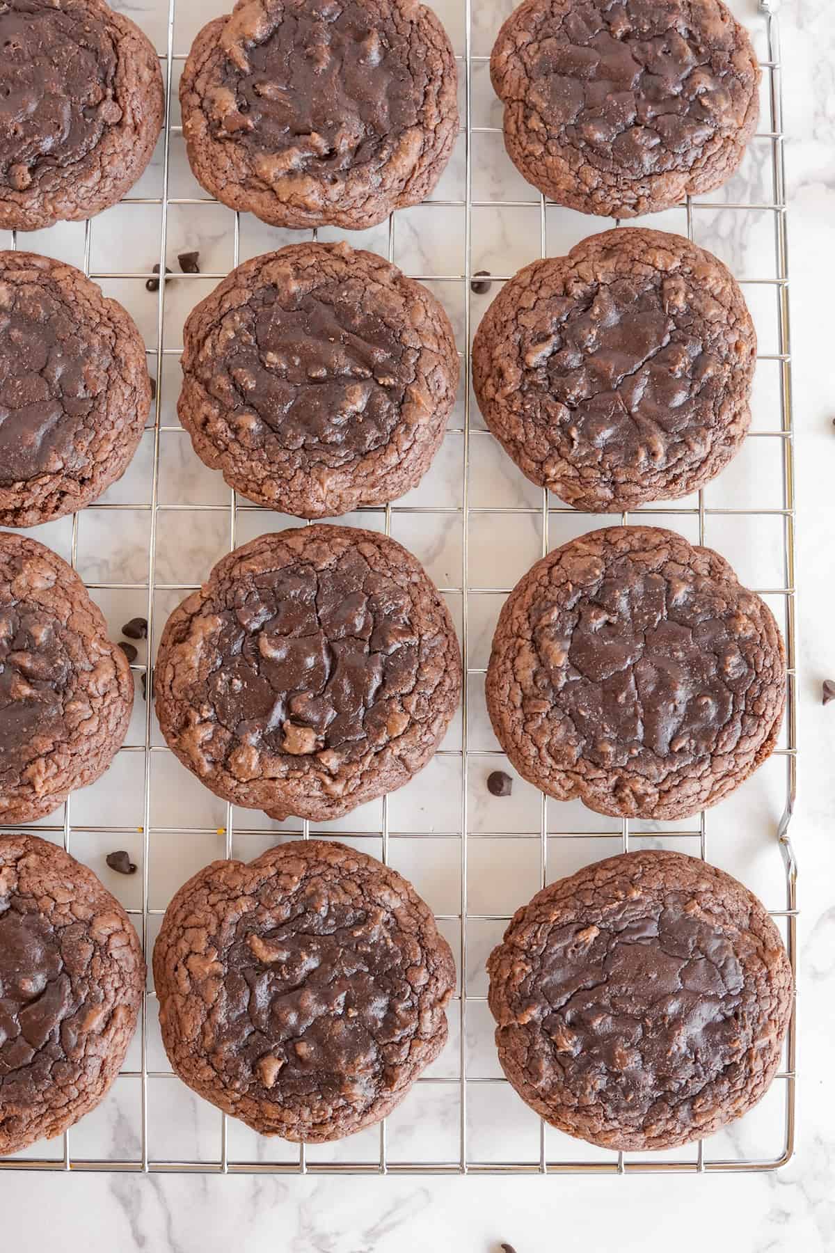 Brownie mix cookies on a cooling rack.