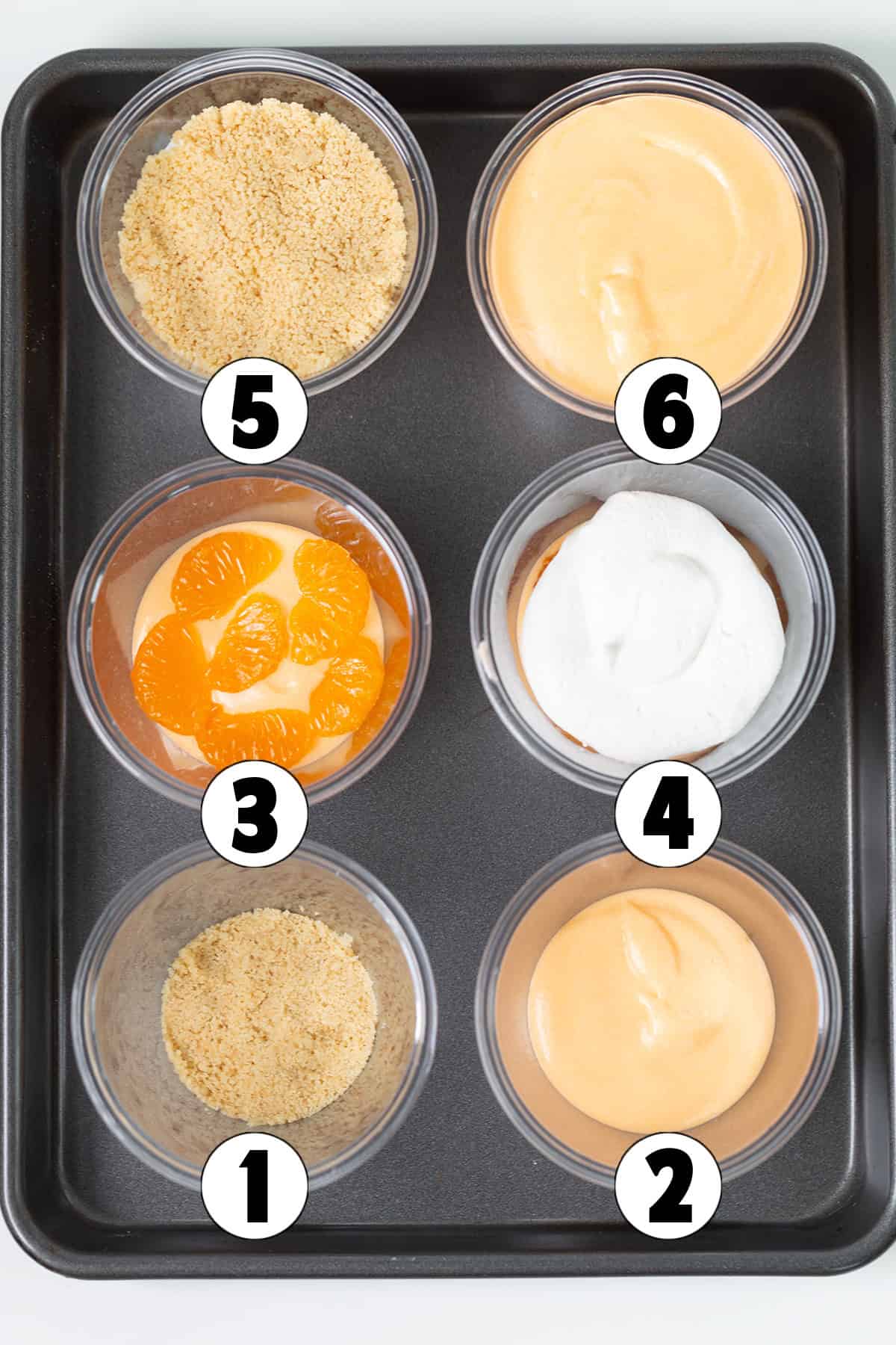 A baking tray with six glass cups numbered 1 to 6. Each cup contains a different ingredient or mixture, including crushed crumbs, fruit slices, whipped cream, and two creamy dessert substances reminiscent of a creamsicle.