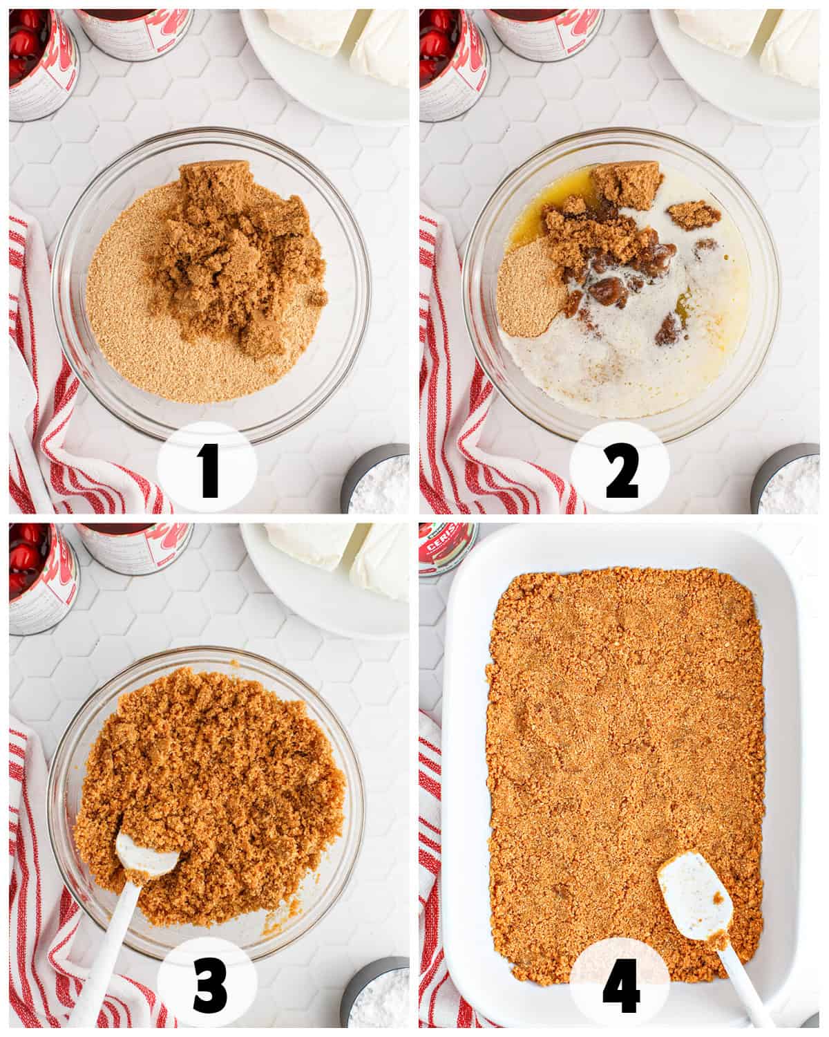 Step-by-step images show the process of creating the base for cherry delight by mixing crushed graham crackers with brown sugar and butter in a bowl (steps 1-3) and spreading the mixture into a baking dish (step 4).