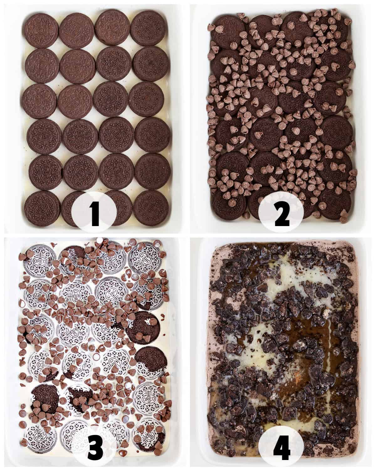 A four-step baking process for an Oreo Dump Cake: whole cookies in a tray (1), cookies with chocolate chips added (2), mixture partially melted (3), and fully melted with chocolate pooling (4).