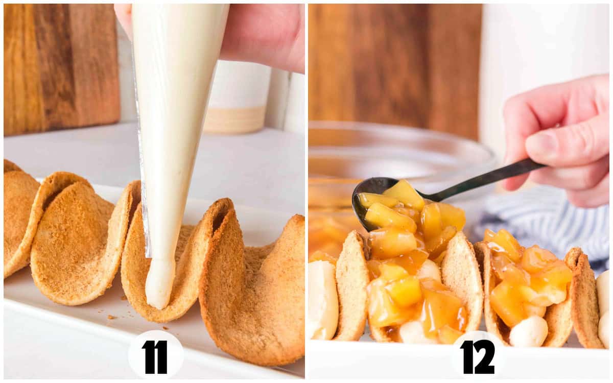 Image split into two: on the left, a hand pipes creamy cheesecake filling into baked taco shells; on the right, a hand adds apple pie filling to the shells.