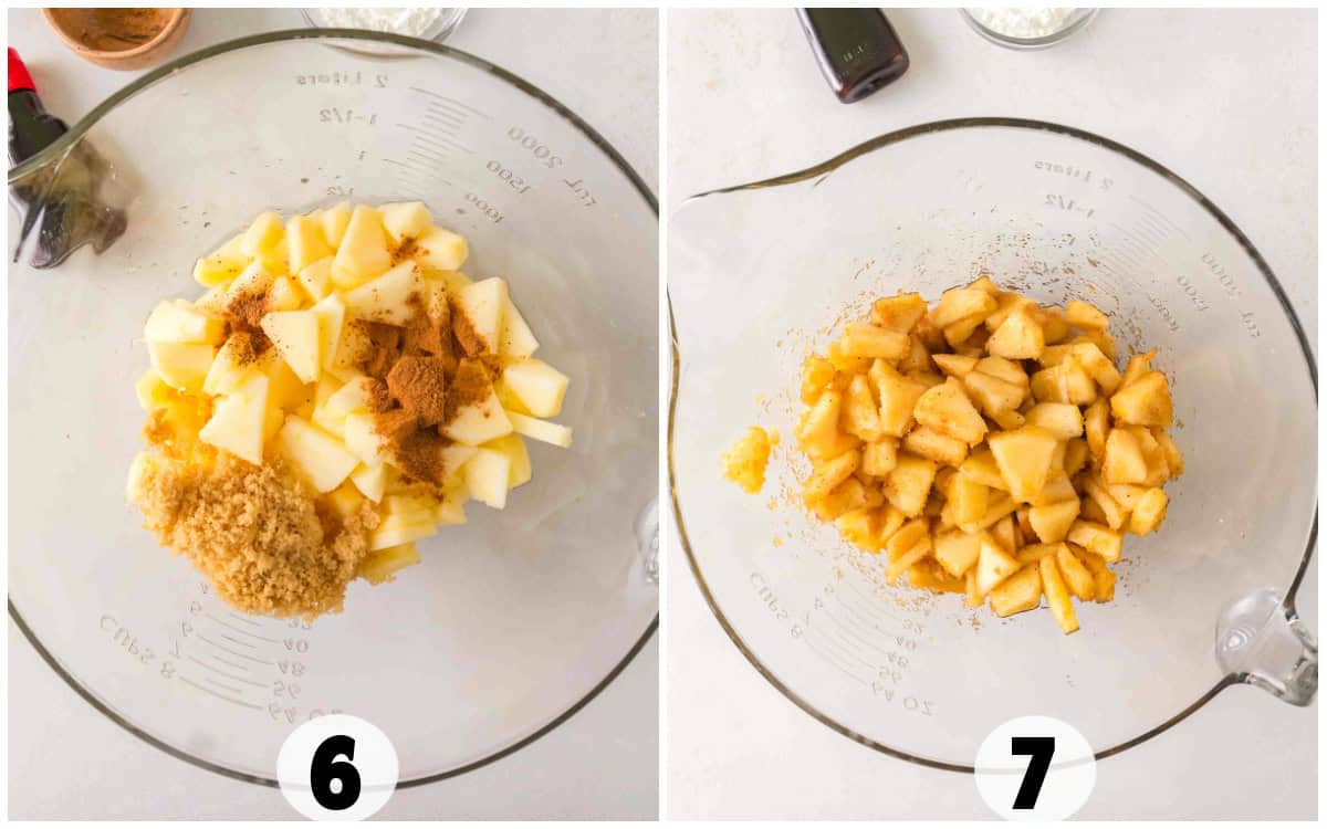 Two images: left shows a mixing bowl with diced apples, brown sugar, and cinnamon; right shows the same mixture after being stirred. Both images are labeled with numbers, 6 and 7 respectively—perfect for your cheesecake topping or filling for delicious apple tacos.