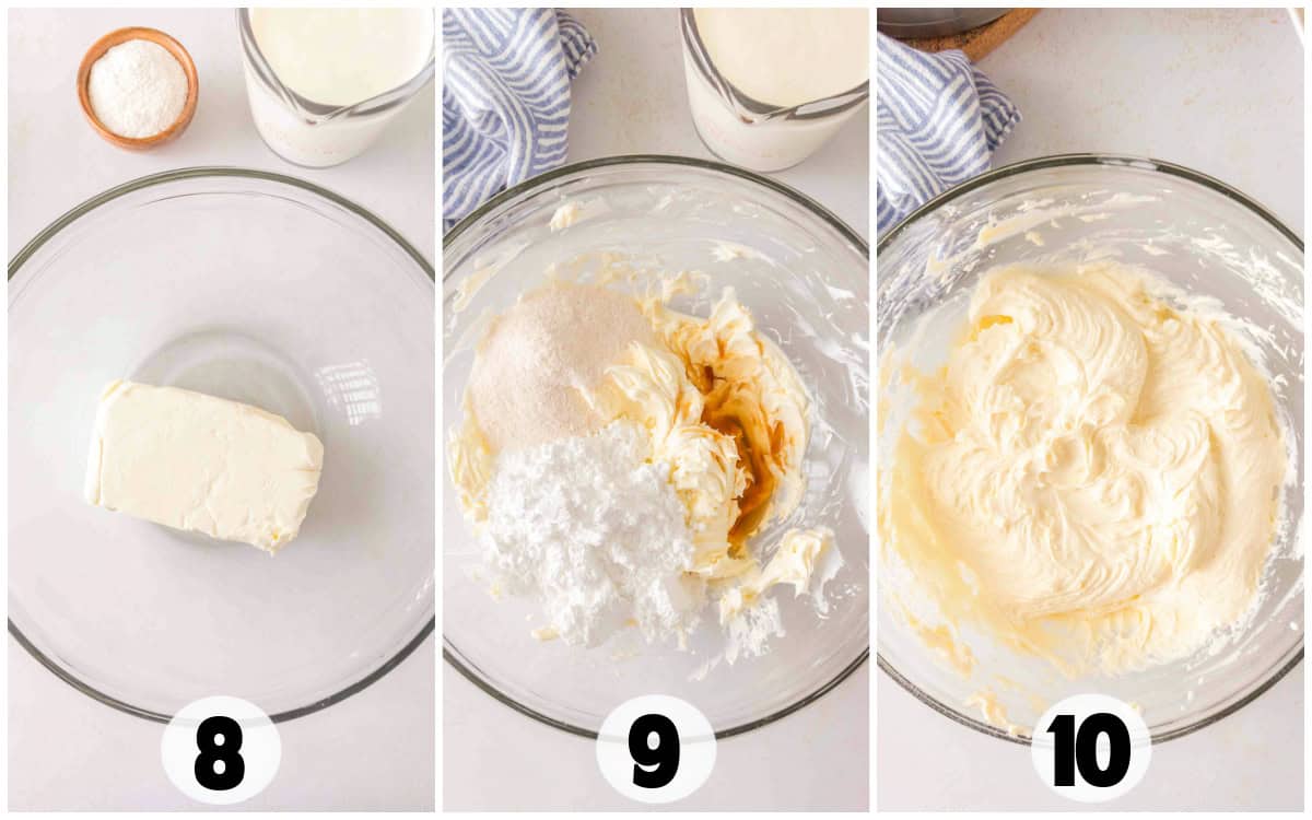 Three images show the progression of a creamy mixture in a bowl: first image with a cream block, second mixing in powders and liquid, third shows a smooth, blended cheesecake mixture.