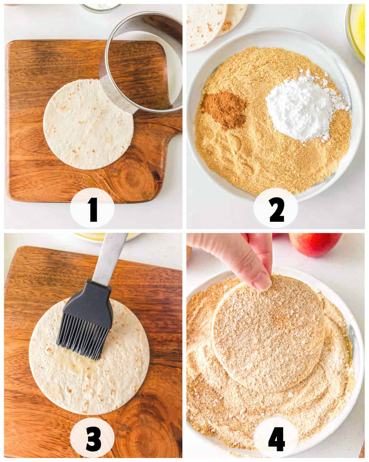 Step-by-step process of preparing crispy tortilla chips for your Apple Cheesecake Tacos: Cutting tortillas (1), preparing a breading mixture (2), brushing oil on tortillas (3), and coating tortillas in the mixture (4).