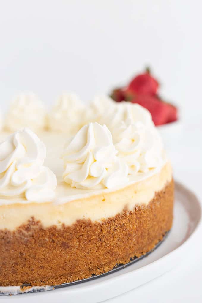 A homemade cheesecake with a graham cracker crust, topped with swirls of whipped cream, sits elegantly on a plate. A few strawberries are blurred in the background, adding a touch of color.