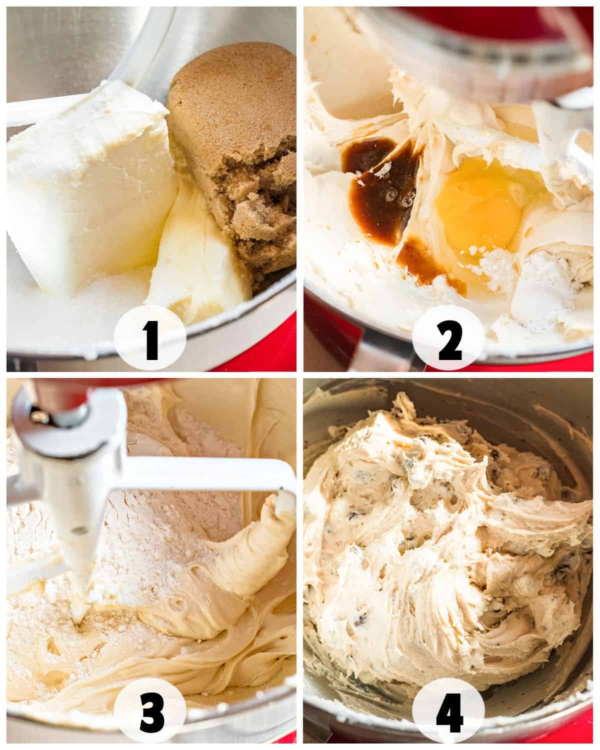 Four-step cookie dough mixing process for irresistible cream cheese chocolate chip cookies: 1) Butter, sugar, and cream cheese in a mixer. 2) Egg and vanilla added. 3) Flour mixed in. 4) Final dough with chocolate chips folded in.