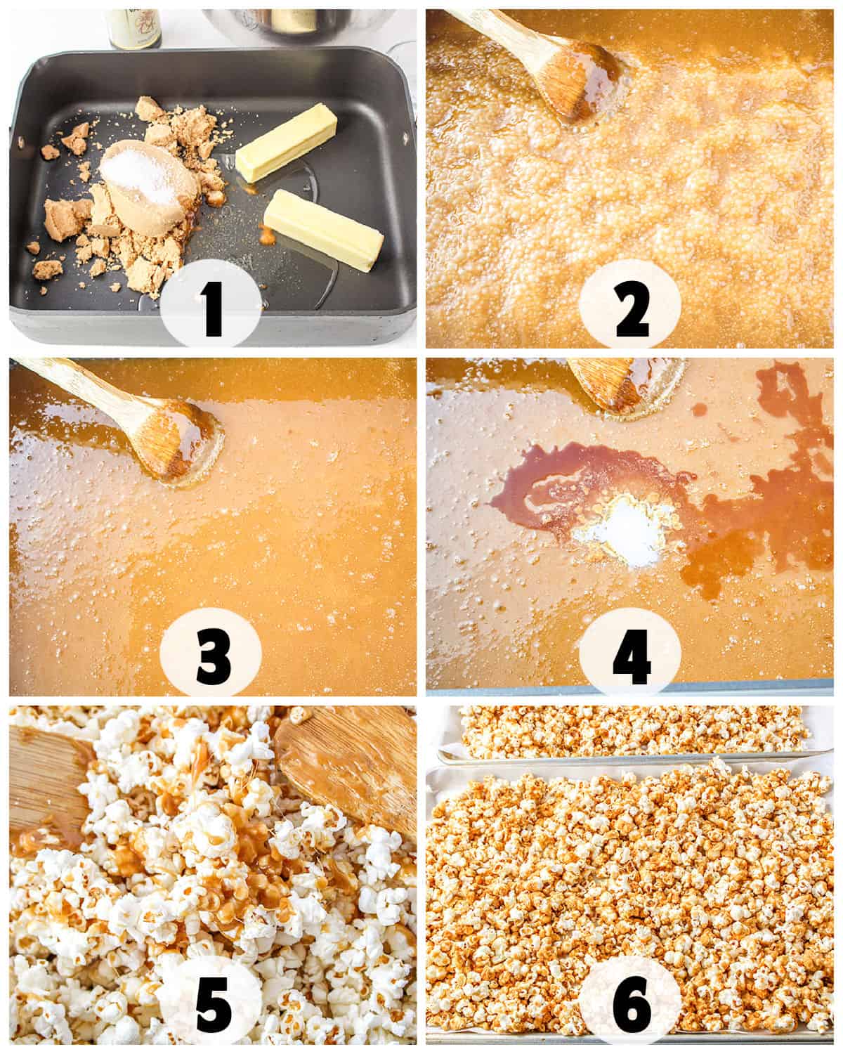 Step-by-step process of making old-fashioned caramel popcorn: melting ingredients (1), boiling mixture (2-3), adding soda and vanilla (4), stirring with popcorn (5), and spreading on a baking sheet (6).