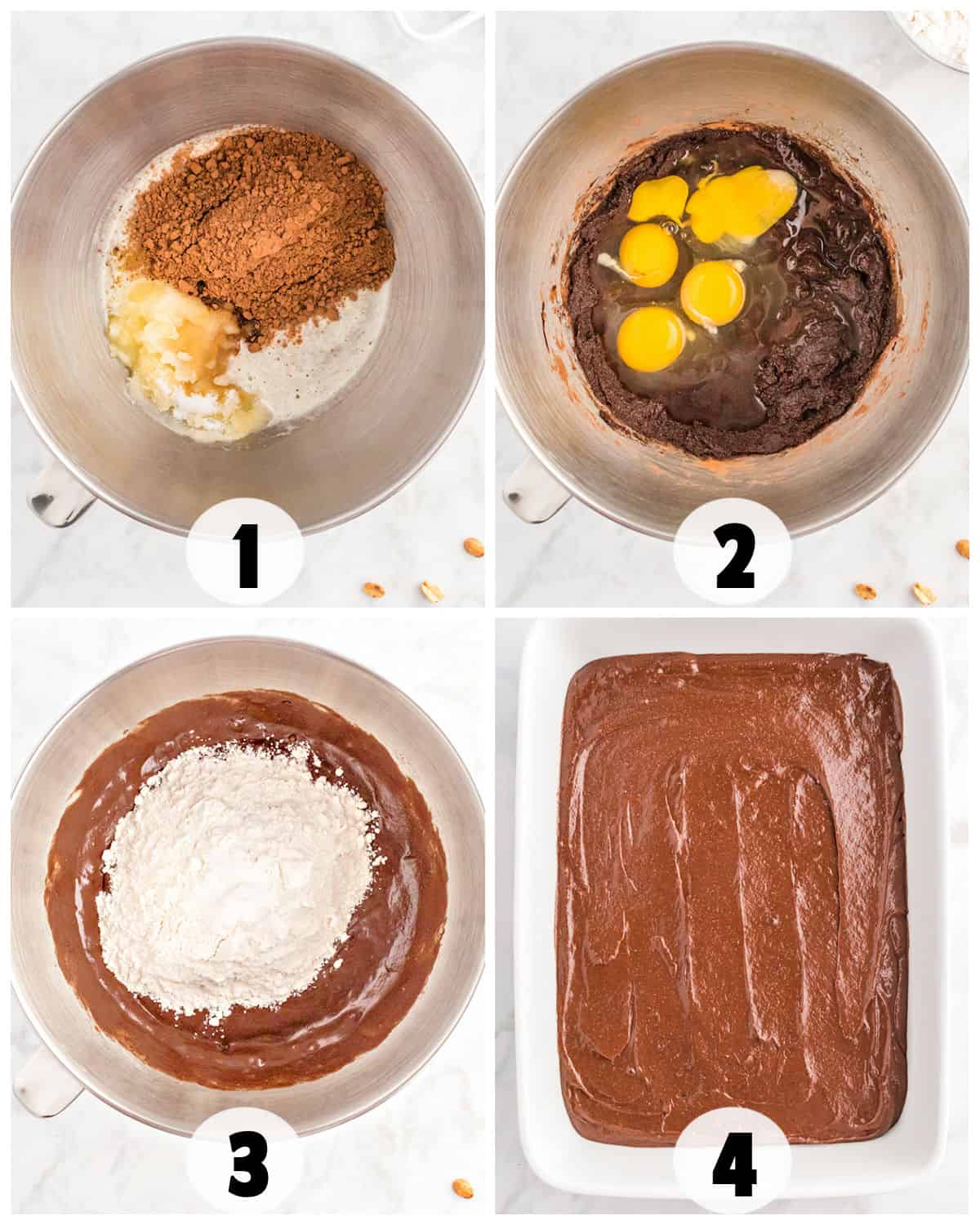 Step-by-step buckeye brownies recipe preparation: 1) Ingredients in a bowl. 2) Added eggs. 3) Mixed in flour. 4) Batter spread in a baking dish.