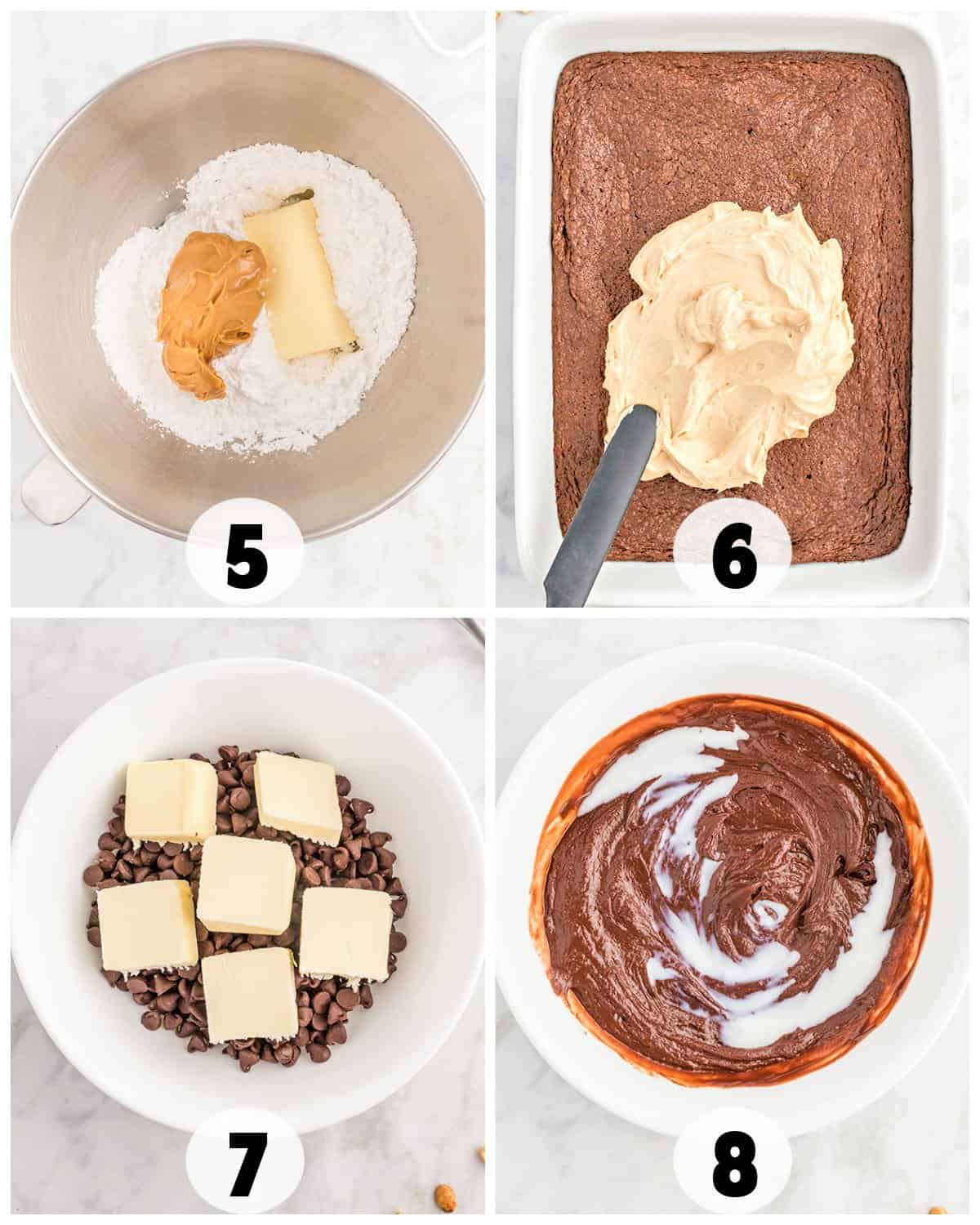 Four images illustrating steps for buckeye brownies: 5. Mixing peanut butter, butter, and flour. 6. Spreading the mixture over a baked base. 7. Melting chocolate chips with butter. 8. Stirring chocolate blend with cream for that perfect finish.