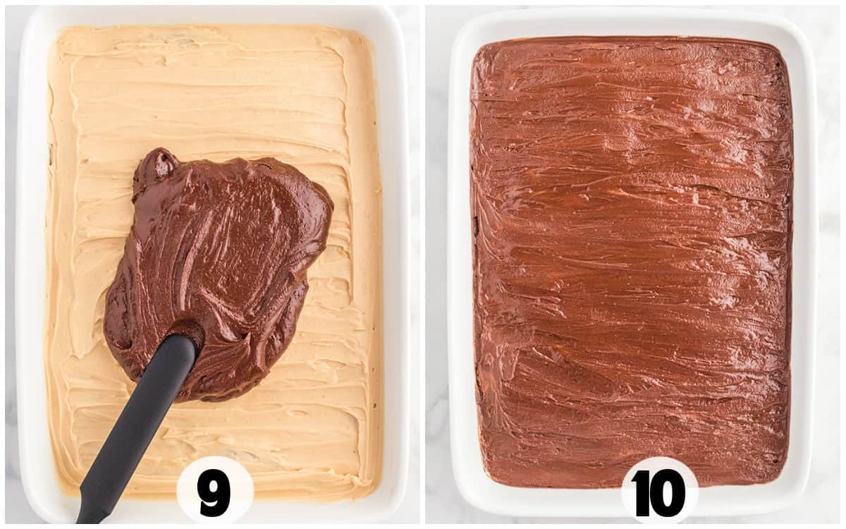 A two-panel image showcases the sweet transformation of frosting on a cake. Panel 9 features light brown frosting with a dollop of chocolate, reminiscent of buckeye brownies. In Panel 10, the cake is fully enveloped in rich chocolate frosting.