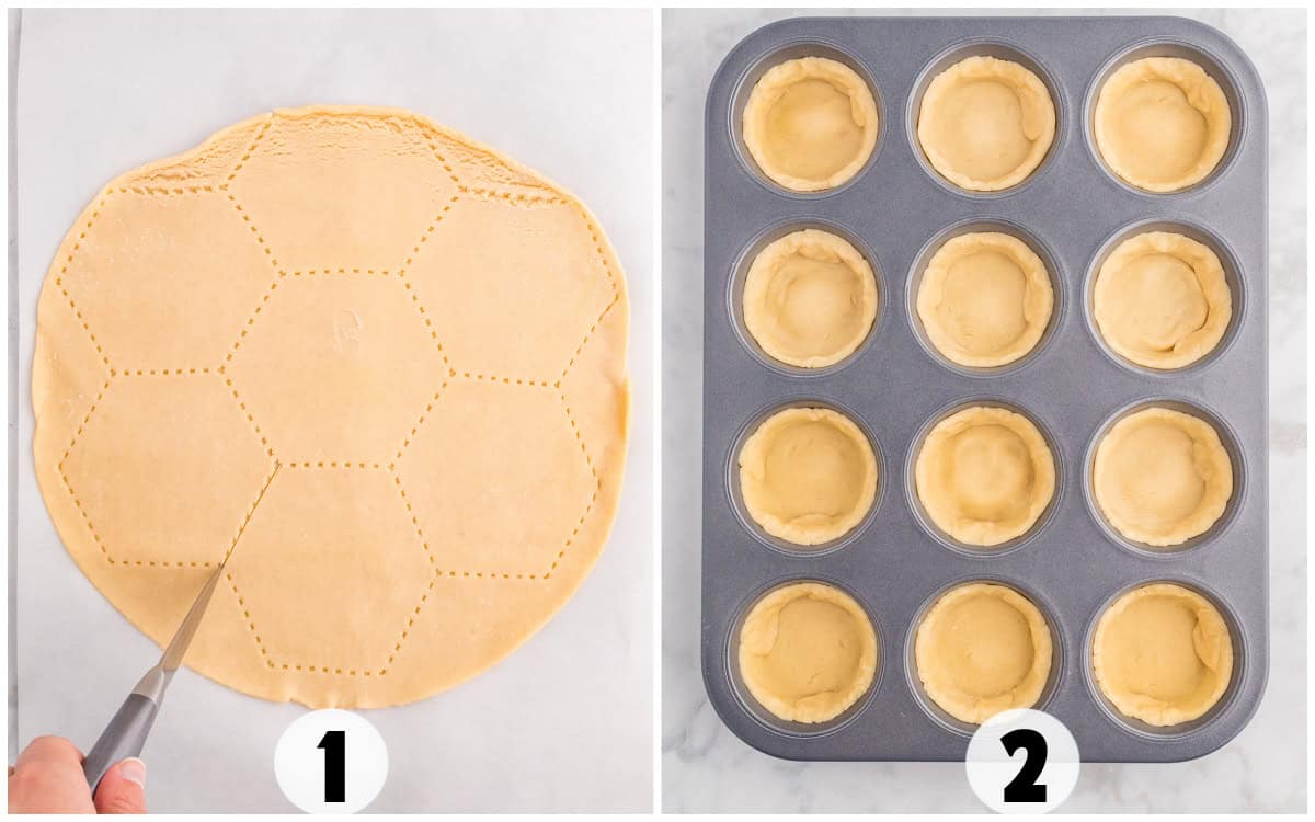 Two images: 1) Rolled out dough with hexagons outlined for mini pecan pies. 2) Muffin tin with twelve mini pie dough-lined cups.