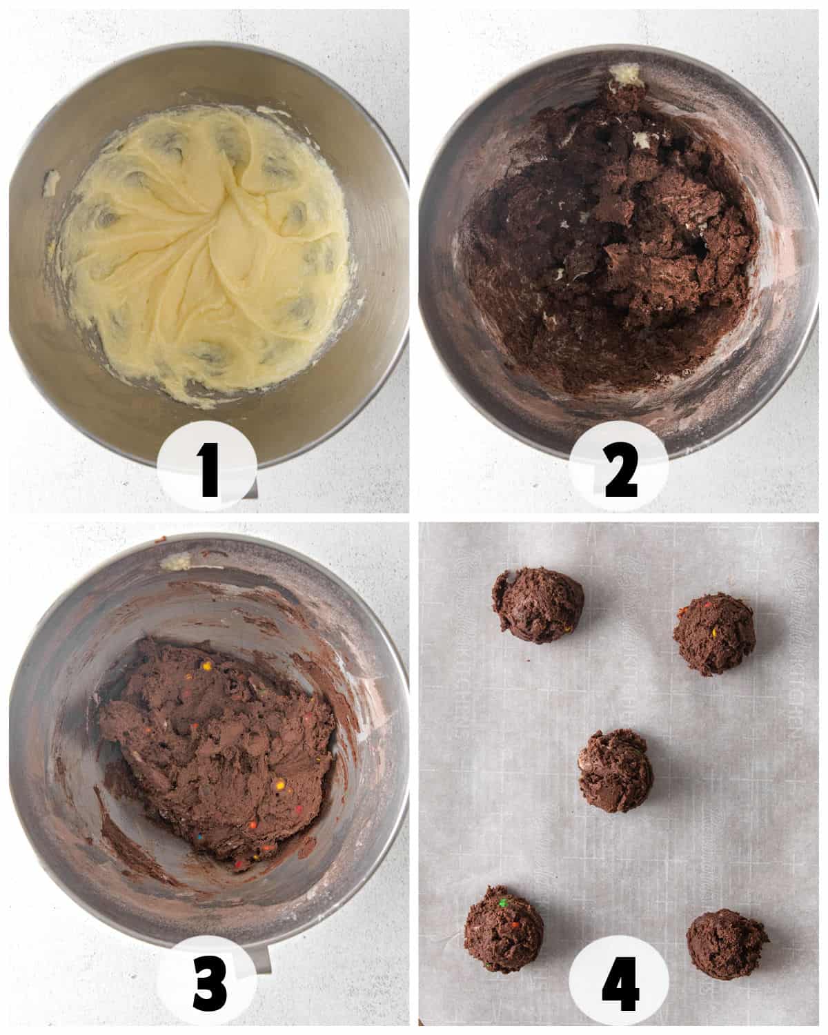Four-step collage of baking process: 1) Creamed mixture in bowl. 2) Dry ingredients added. 3) Chocolate M&M dough mixed. 4) Cookie dough balls on baking sheet, ready for the oven.