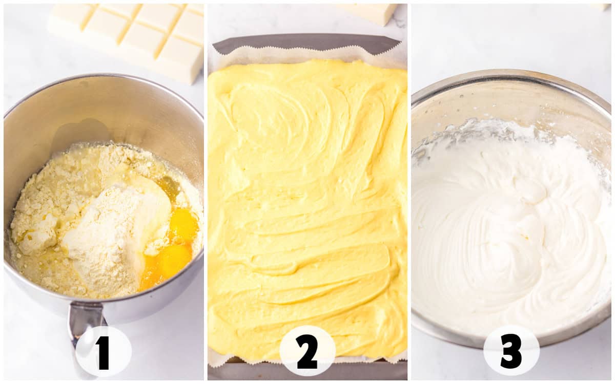 Steps for making a dessert: 1) Mix batter ingredients in a bowl; 2) Spread yellow batter in a pan, like creating your own Copycat Little Debbie treat; 3) Top with whipped cream in a bowl.