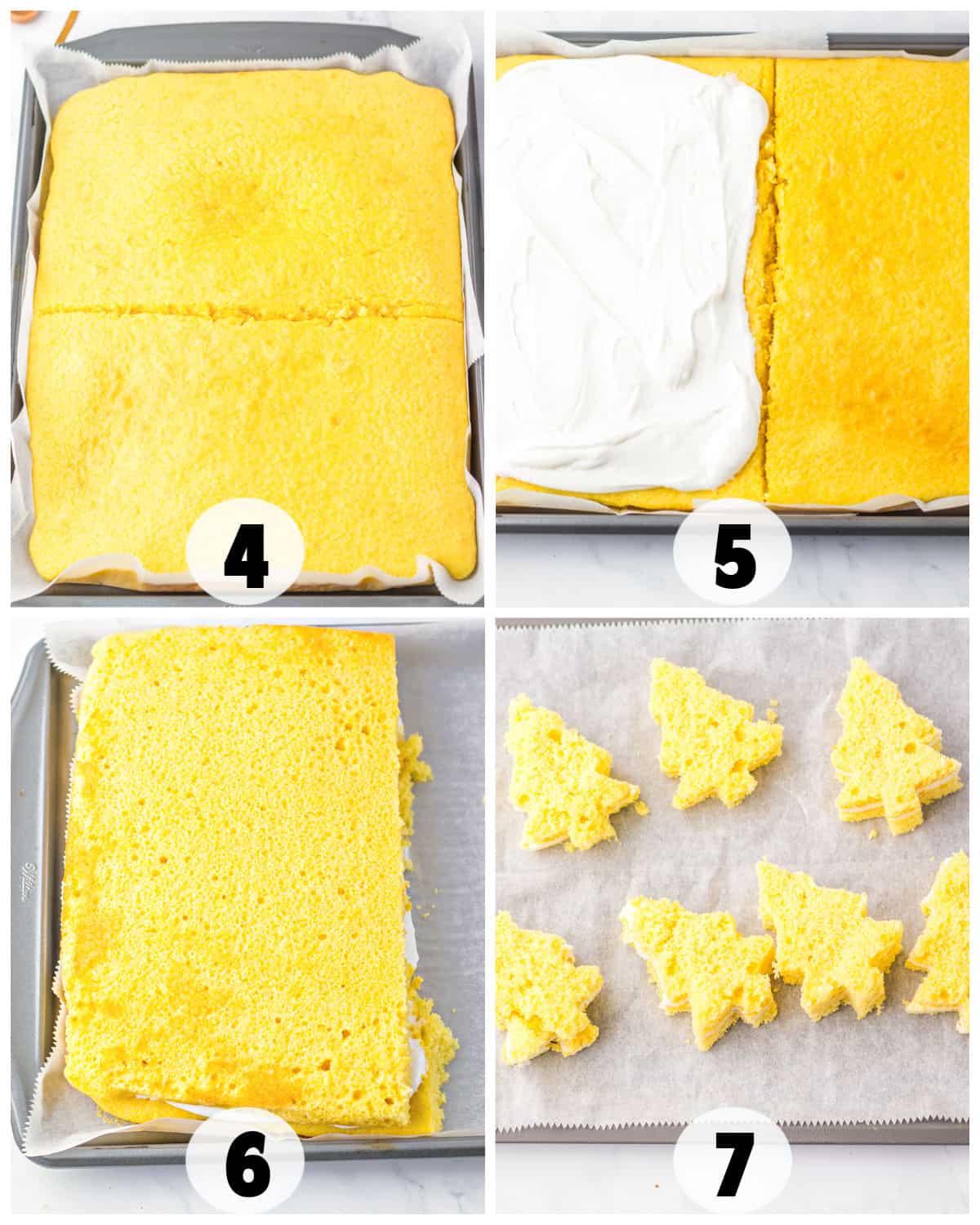 A four-step process unveils the magic of crafting delightful, copycat Christmas Tree Cakes: slice a sponge cake in half, generously layer it with cream, stack it high, and cut it into charming tree shapes.