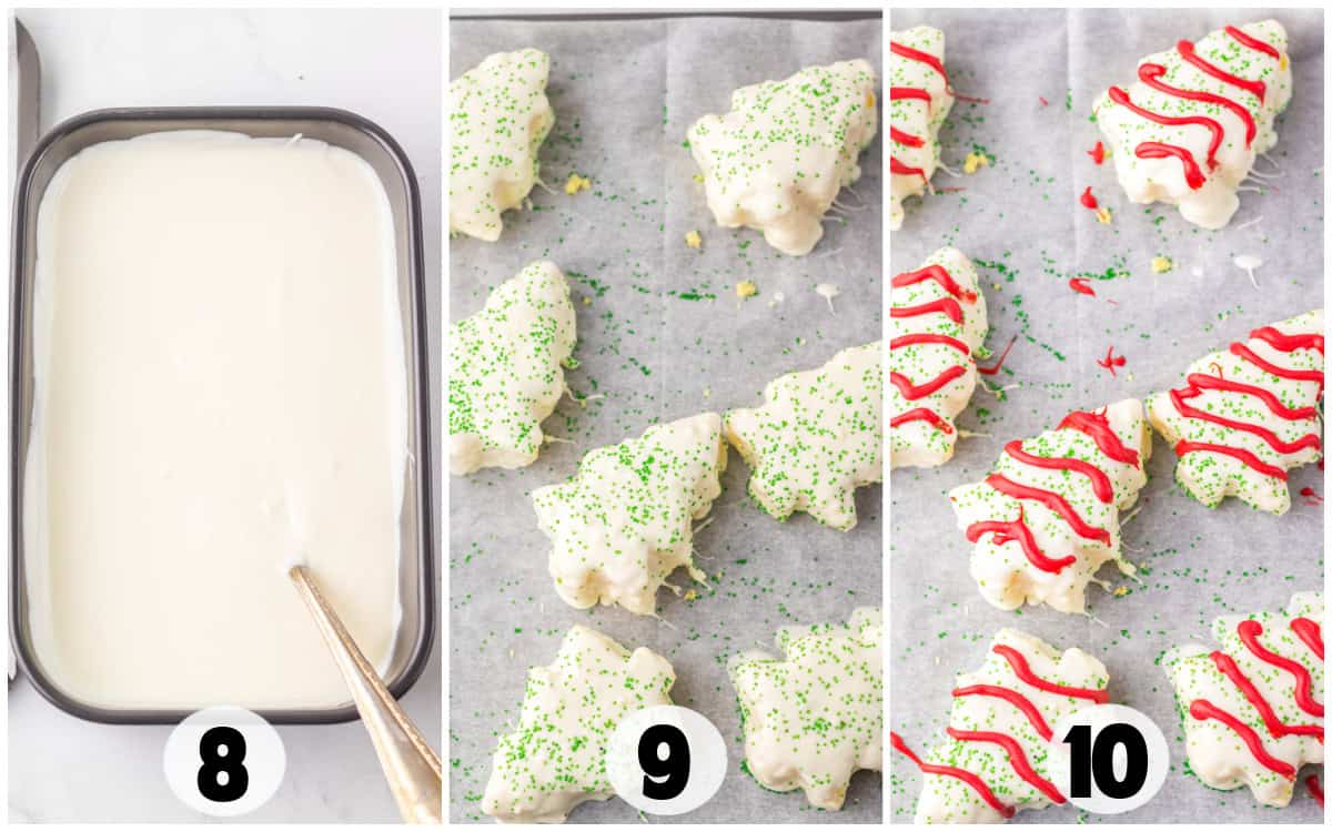 Three-step baking process: start with white icing in a pan, followed by tree-shaped cookies adorned with green sprinkles, and finish with red icing details for that Little Debbie Christmas Tree Cakes flair. Steps labeled 8, 9, 10.