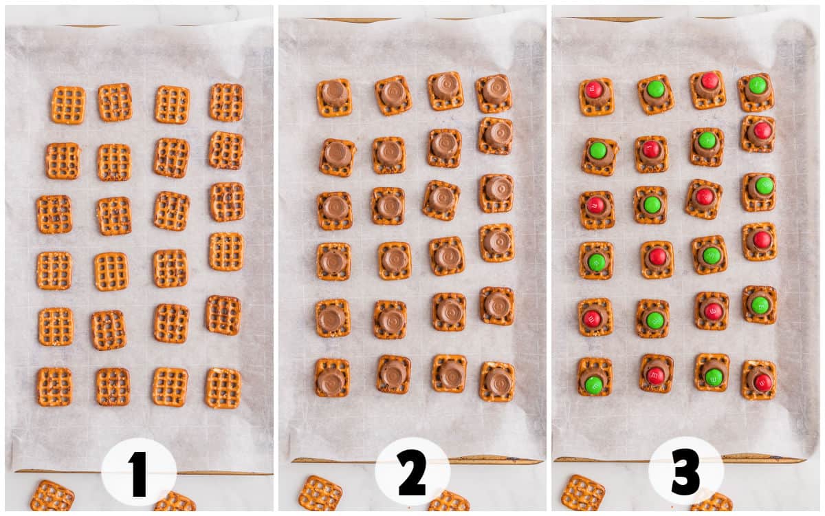 Step-by-step image showing pretzels on a baking sheet (Step 1), topped with rich Rolo chocolate (Step 2), and finished with festive red and green candies (Step 3). A delightful snack creation perfect for any occasion.