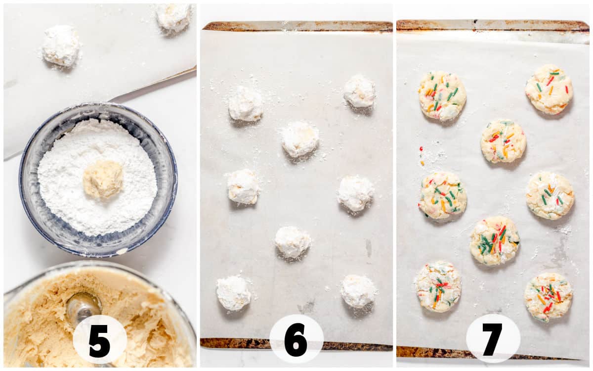 A three-panel image capturing the making of Gooey Butter Cookies: Panel 5 features dough balls in a bowl dusted with powdered sugar; Panel 6 shows them neatly arranged on parchment paper; Panel 7 reveals the final baked cookies adorned with colorful sprinkles.