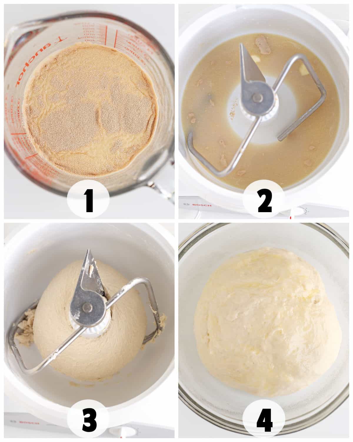 Four-step bread-making process: 1. Yeast in a measuring cup. 2. Yeast mixture in a mixing bowl. 3. Dough mixing in a stand mixer for soft texture. 4. Dough rising in a glass bowl for delicious homemade pretzels.
.