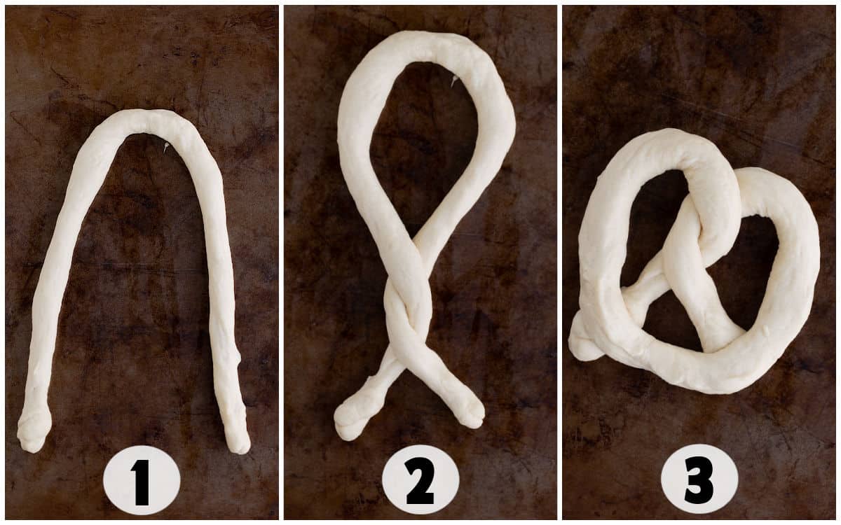 Step-by-step instructions for shaping homemade pretzel dough: Step 1 shows a U shape, Step 2 involves twisting the ends, and Step 3 forms a soft pretzel shape.