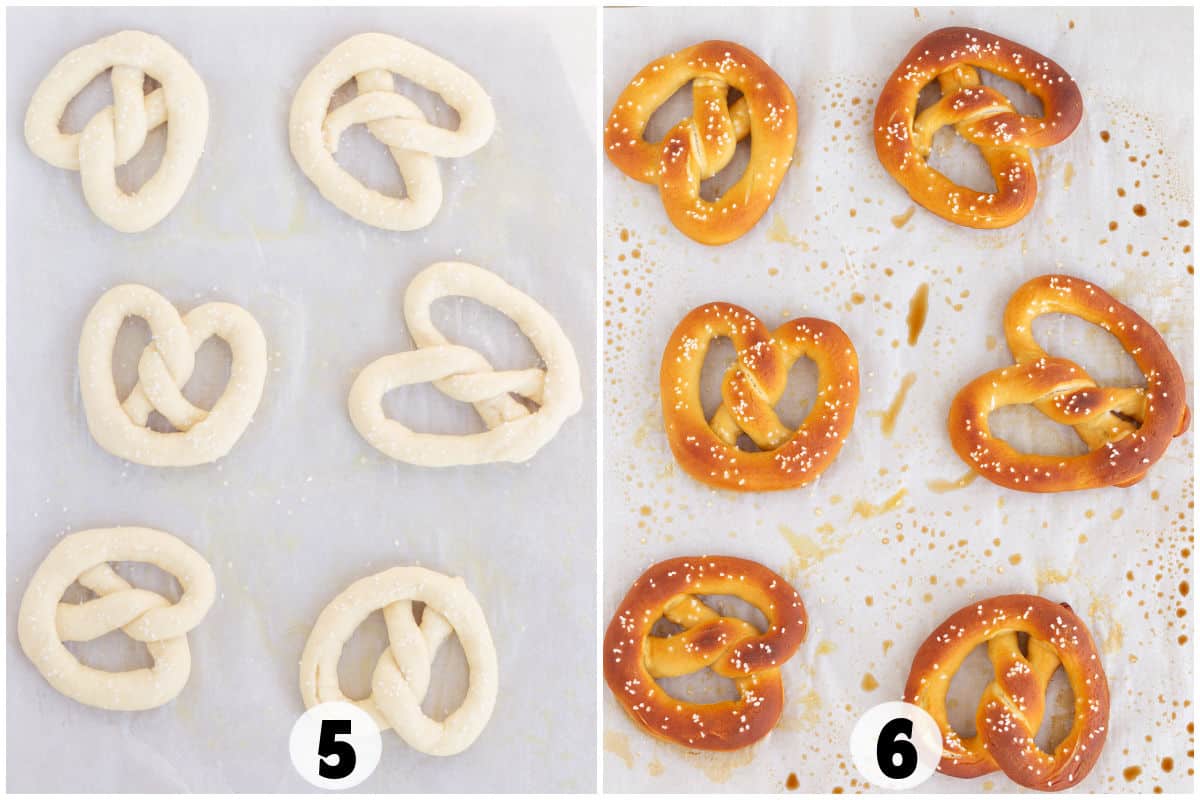 Side-by-side images display homemade pretzels before and after baking. The left side reveals soft, raw dough, while the right showcases golden-brown baked pretzels sprinkled with salt.
