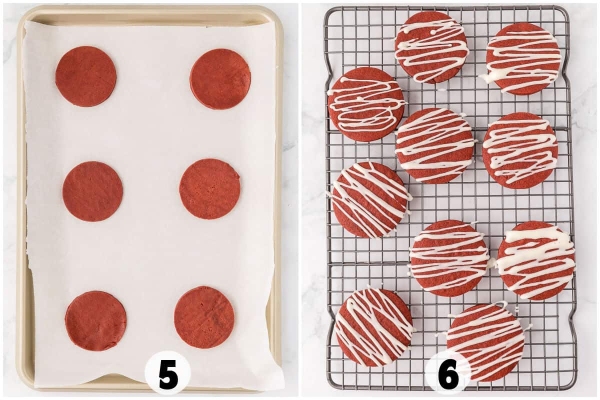 Two images: Left shows six unbaked red velvet cookies on parchment paper. Right shows nine baked red velvet sugar cookies with white icing on a cooling rack.