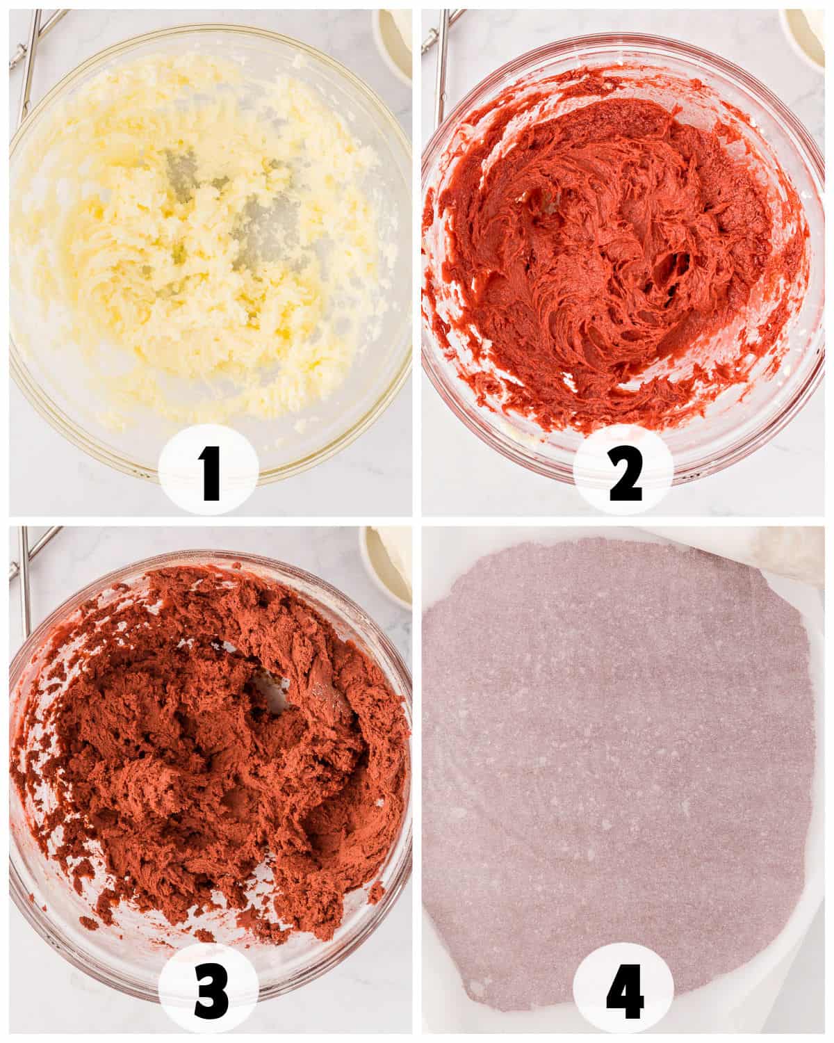 Four images illustrating steps to make red velvet dough: 1) Creamed butter and sugar, 2) Mixed red dough reminiscent of sugar cookies, 3) Dough in bowl, 4) Dough rolled flat on parchment paper.