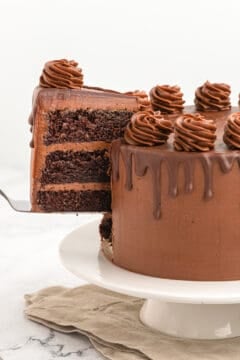 A magnificent three-layer chocolate ganache cake with rich frosting and elegant ganache drips, crowned with intricate frosting swirls. A slice is being artfully lifted from the cake on a pristine white stand.