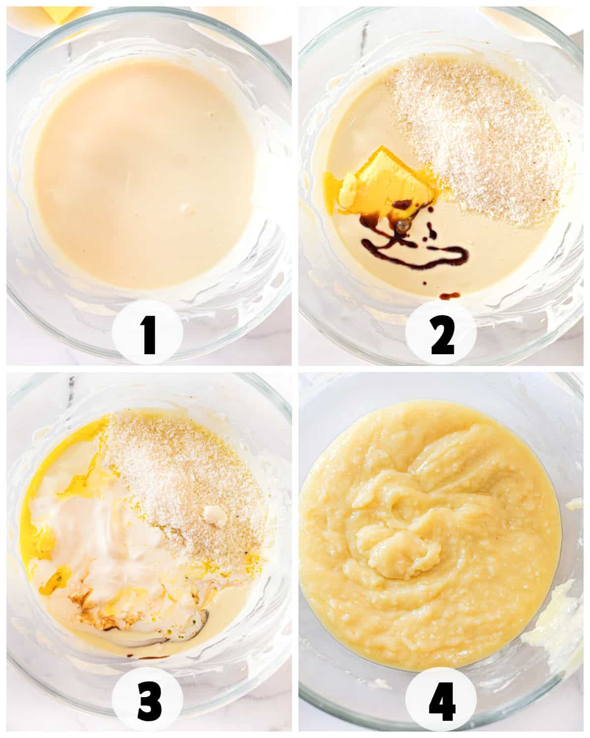 Four-step baking process: 1. Bowl of smooth batter. 2. Added sugar, butter, and vanilla. 3. Additional ingredients like coconut mixed in. 4. Final creamy mixture perfect for white chocolate truffles.