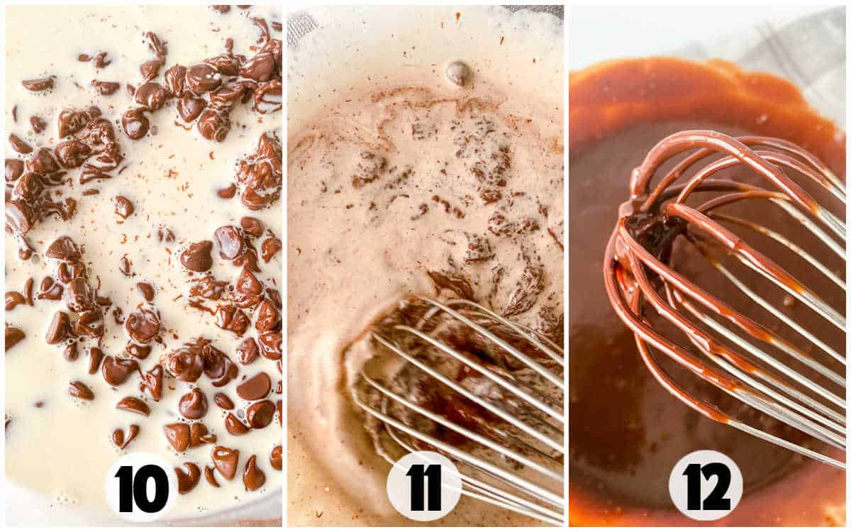 Three-step process of chocolate ganache preparation: mix chocolate pieces in cream, whisk the blend with melted chocolate, and achieve a smooth mixture using a whisk. These steps, like assembling s'mores, create layers of perfection. Labeled as steps 10, 11, and 12.