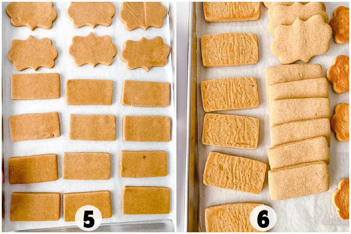 Two trays of uncooked cookies on parchment paper await their turn in the oven; one tray features rectangular and flower-shaped delights, while the other showcases freshly baked, textured cookies that evoke the sweet allure of s'mores.