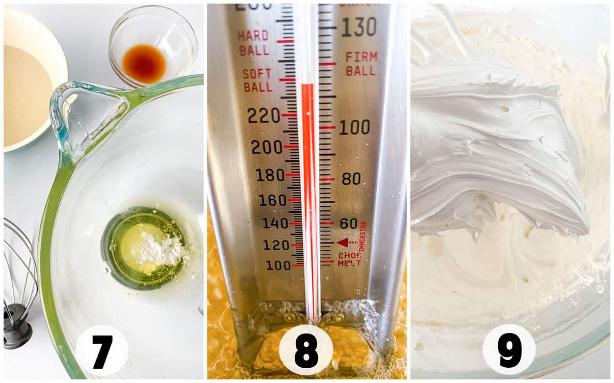 Steps to make marshmallow: Step 7 - Egg whites and ingredients in a bowl. Step 8 - Thermometer in hot syrup. Step 9 - Thick marshmallow mixture in a bowl, perfect for making S'mores.