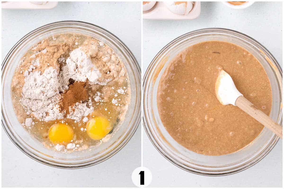 Two images showcase a glass bowl with ingredients for batter. Left: dry ingredients, two eggs, cinnamon, and hints of carrot cake essence. Right: mixed batter swirled with a spatula in the bowl.