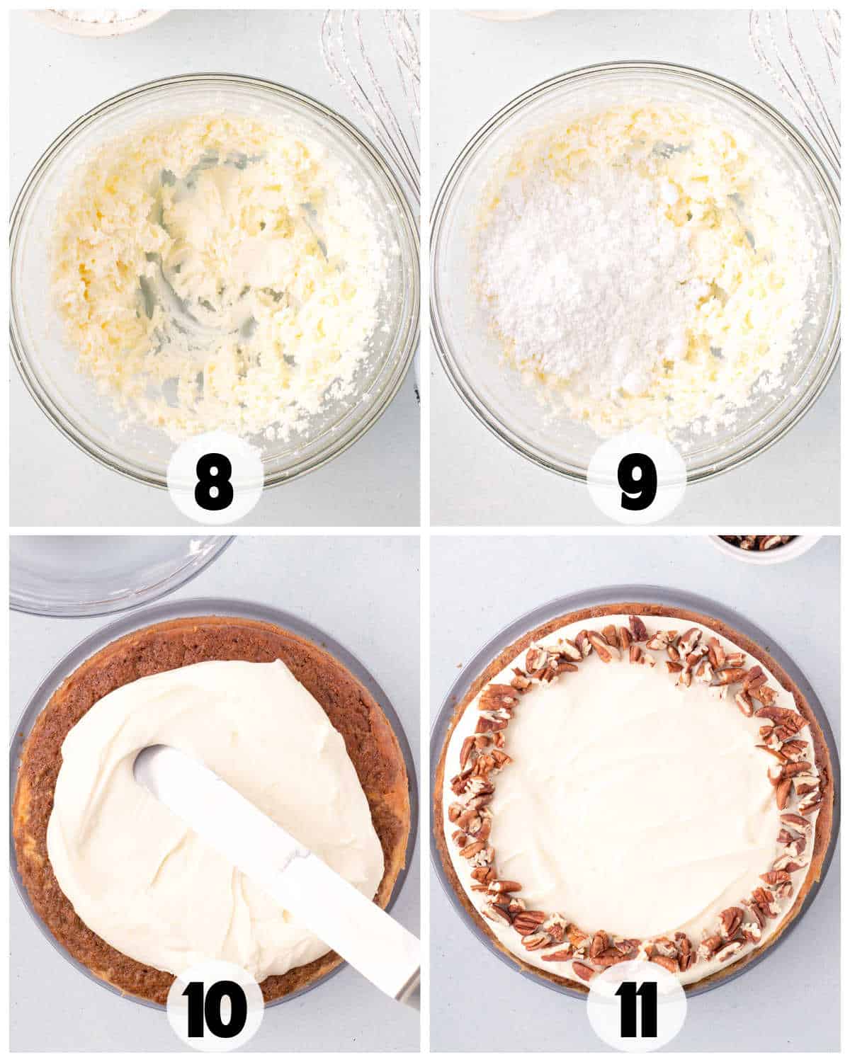 Step-by-step cake frosting process: 8. Cream mixture in a bowl. 9. Add powdered sugar to the creamy blend. 10. Spread frosting on carrot cake for rich flavor. 11. Finish the cake with pecans on top for a delightful crunch.