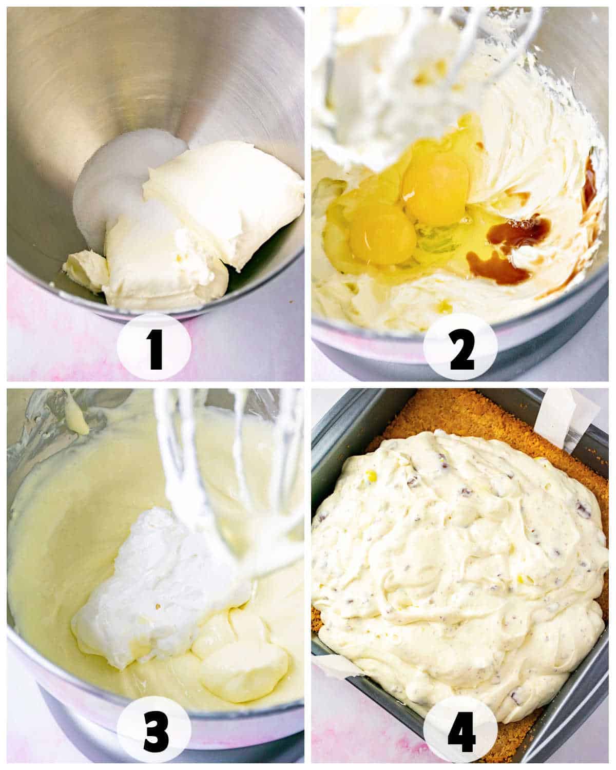Four-step cheesecake bars preparation: 1. Cream cheese and sugar in a bowl. 2. Add eggs and vanilla. 3. Mix until smooth. 4. Spread mixture over baked crust in a pan for delightful Easter Egg-themed treats your family will love.