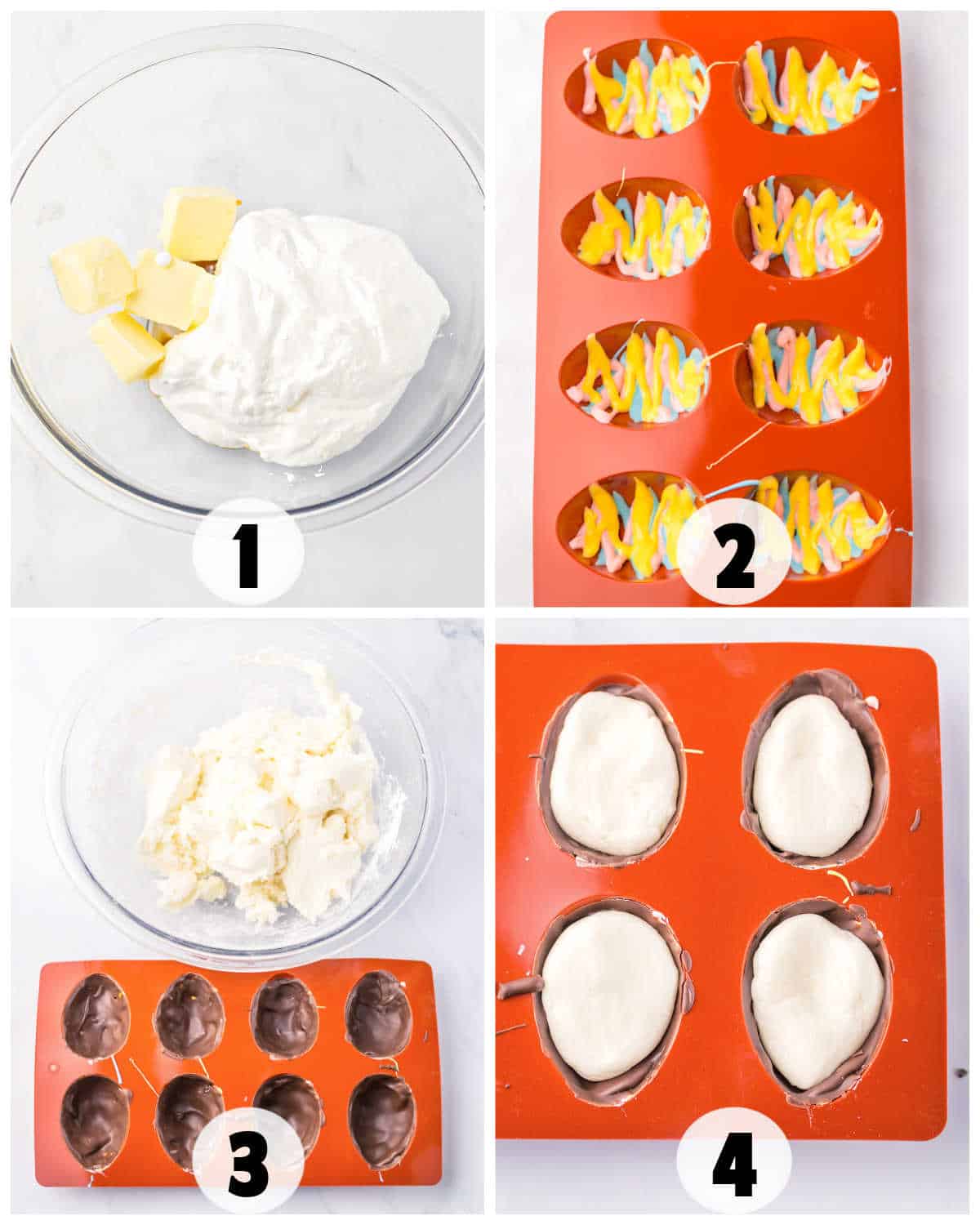 Image showing a delightful four-step process of making dessert eggs: 1) Butter and mixture in a bowl. 2) Melted colorful chocolate in egg molds. 3) Chocolate-covered molds. 4) Molds filled with cream and marshmallow mixture.