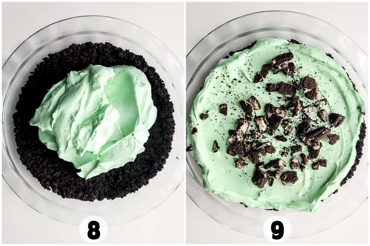 Two images of a pie with chocolate crust and green filling. Left image shows the filling being spread. Right image shows the pie topped with crumbled cookies. Labeled 8 and 9.